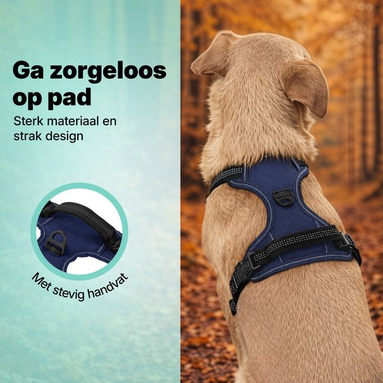 Jake and Jacky Hondentuigje - Anti-Trek Tuig - Hondenharnas - Y Tuig Hond - Reflecterend - Blauw - Maat S