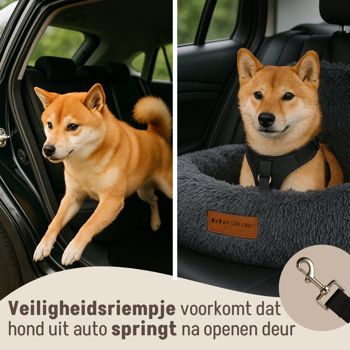 By Cee Cee – Autostoel Hond Deluxe – Maat M – Voorzien Van Veiligheidslijn En Foam Flakes Vulling En Afritsbare Hoes – Voor Achterbank – Donkergrijs Polyester