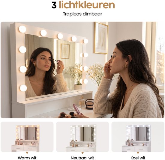 Infinity Goods Kaptafel - Make Up Tafel - Met Spiegel en 11 LED Lampen - Veel opbergruimte - Dimbaar - Wit