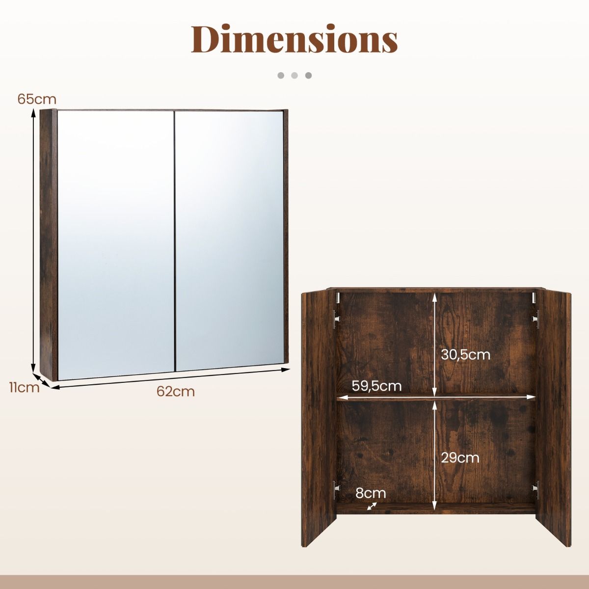 Coast Badkamerkast met spiegeldeuren - ruime opbergruimte - wandmontage - wit/zwart/rustiek bruin - 62 x 11 x 65 cm