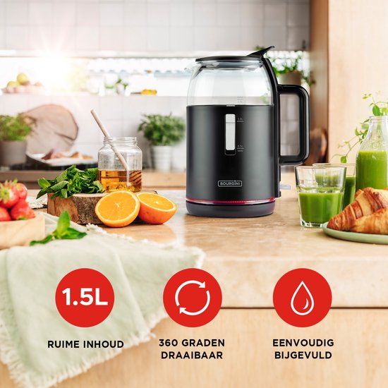 Bourgini Glazen Waterkoker - Mat Zwart - Snoerloos te gebruiken - Gemakkelijk vullen door deksel - ruime 1.5L inhoud - BPA vrij