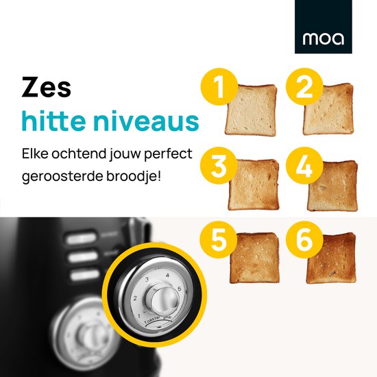 MOA Retro Broodroaster - Toaster voor 4 Sneden - Extra Brede Sleuven - 6 Warmteniveaus - 1500W - Zwart