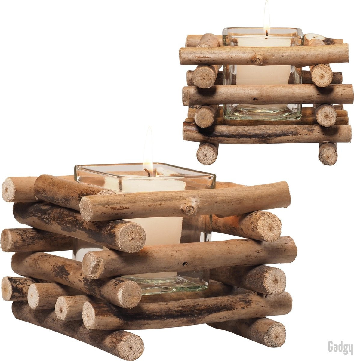 Gadgy - Waxinelichthouder - Drijfhout - set van 2 - 15x15cm