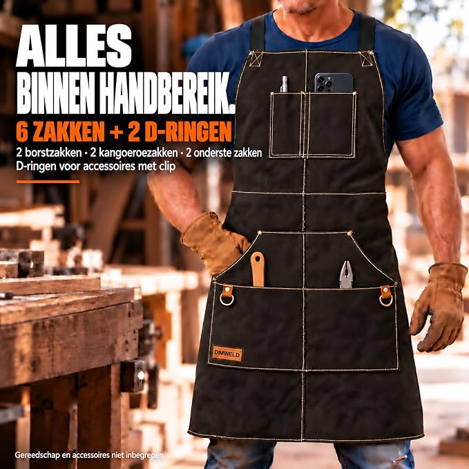 DIMWELD Leren Lasschort – 1,4 mm Rundleer – Hitte- & Vonkbestendig – 6 Gereedschapszakken
