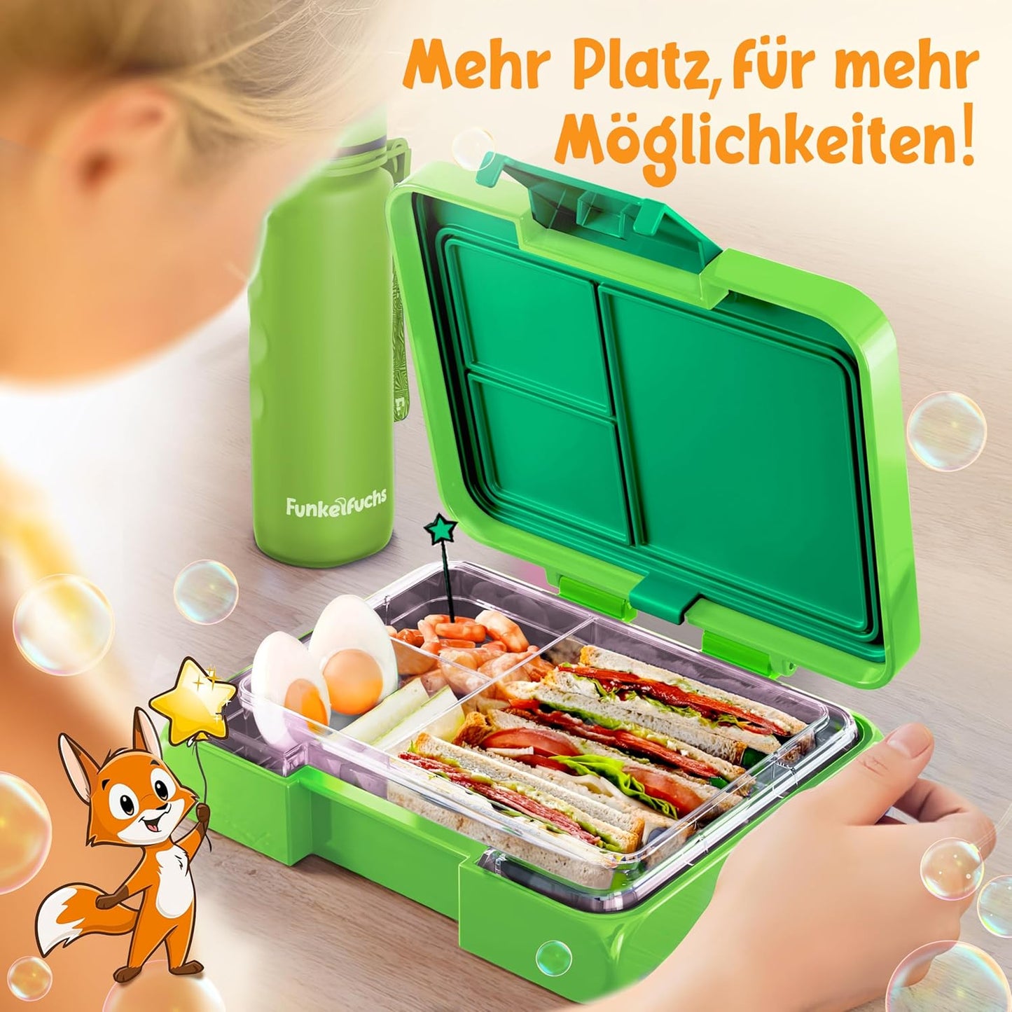 Funkelfuchs® - Lunchbox kinderen met vakjes - 500ml, groen - Lunchbox ster, klein - Snackbox, snackbox, broodtrommel, maaltijdbox, bentobox kinderen - voor school, kleuterschool en kinderdagverblijf