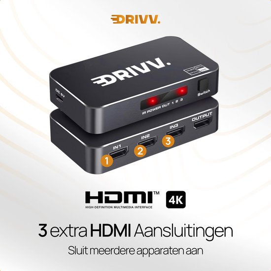 Drivv. HDMI Switch 4K 60Hz – 3 ingangen 1 uitgang - Incl Afstandsbediening - Automatisch Schakelen - 780/1080p/4K - Zwart