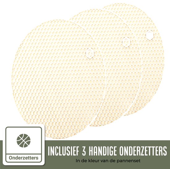 COOCK 19-Delige Pannenset Inductie - Speciale Anti-Aanbak Coating - Ergonomische Koudgrepen - Gerecycled Aluminium - koekenpannenset - kookpottenset - Wit - Inclusief Onderzetters en E-book