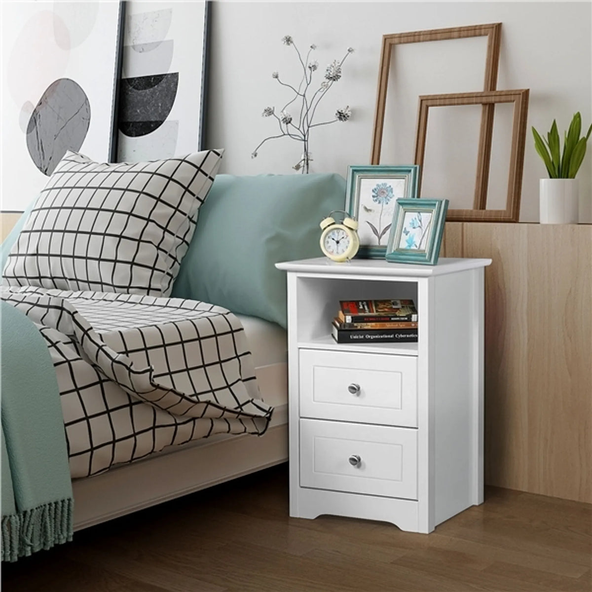 Yaheetech Nachtkastje Met 2 Lades – 40 x 35 x 60 cm – Voorzien Van Open Opbergvak En Minimalistisch Design En Soepele Geleiders – Voor Slaapkamer En Woonkamer – Wit E1 MDF