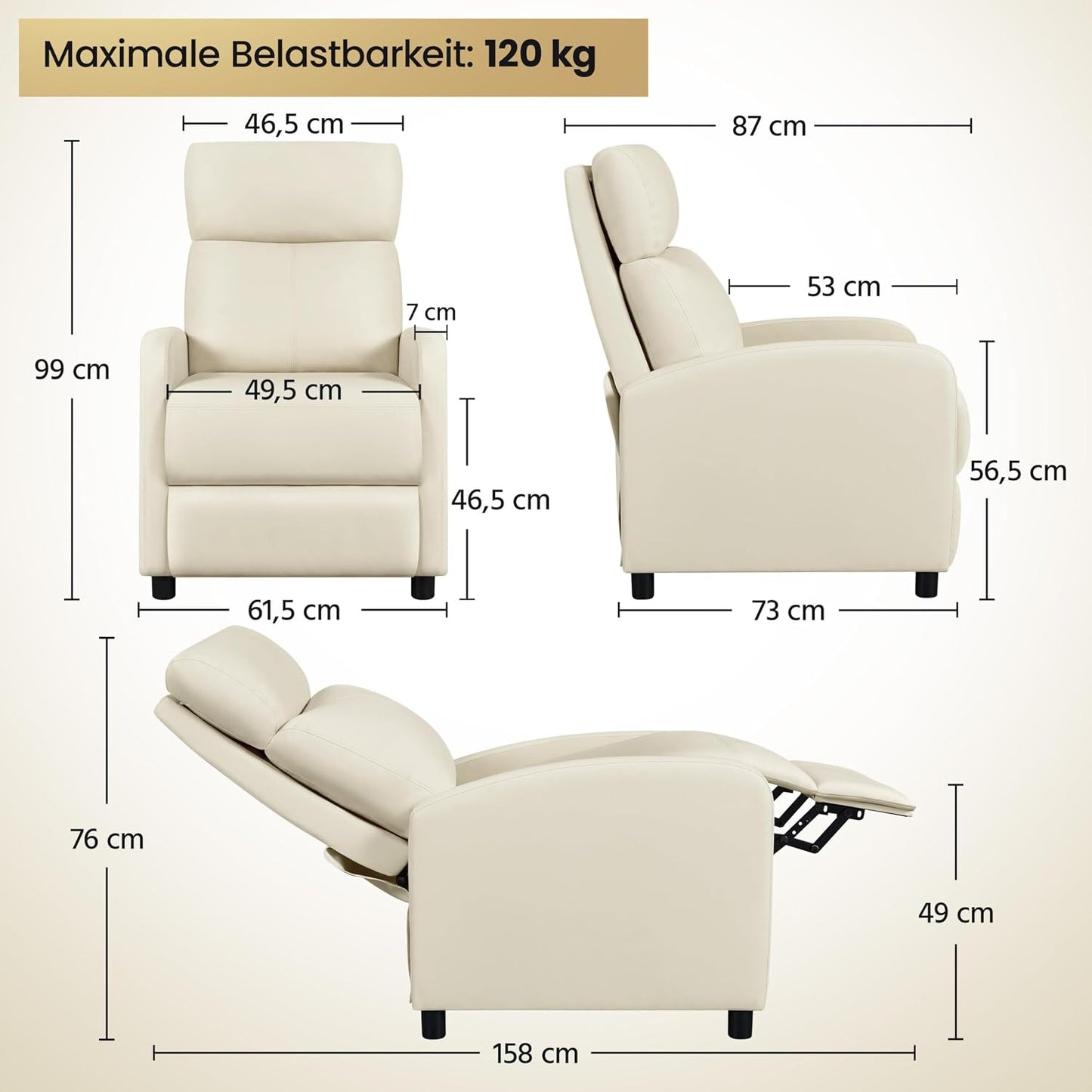 Yaheetech Relaxstoel XL - Verstelbare Ligstoel met Voetensteun - Kunstleer Beige - 87 x 61,5 x 99 cm