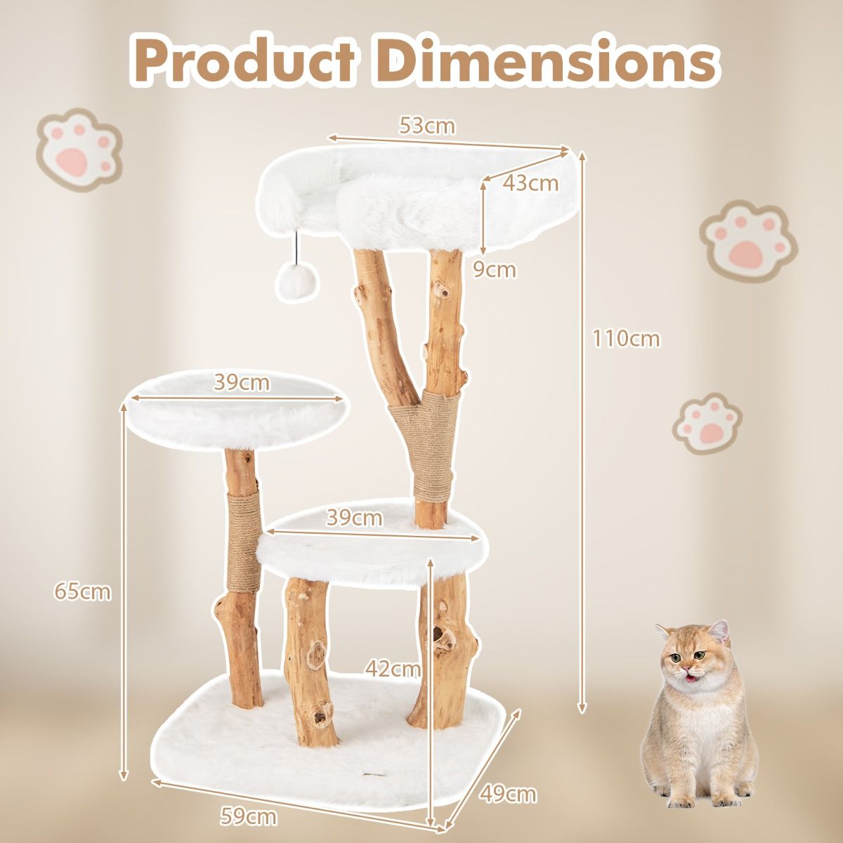 Coast Krabpaal voor katten - massief hout en jute - 4 niveaus - naturel en wit - 110 cm