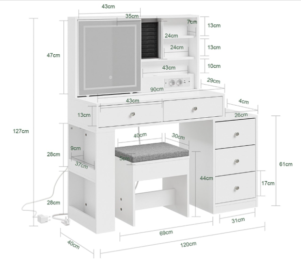 SoBuy Bureau met LED-spiegel 120 x 40 x 127 cm - Wit - 5 Laden - 1 Deur