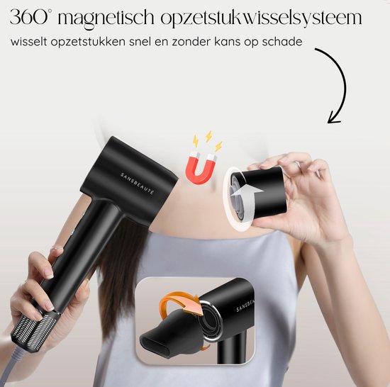 Sansbeauté® Föhn met Diffuser – Krullen – 110.000RPM - Ionische Haardroger met Borstel - 3 Standen - 3 Opzetstukken – Reisföhn - Coolshot – Haarföhn met Diffuser – Hair Dryer - 2000W - EssentiaPRO®