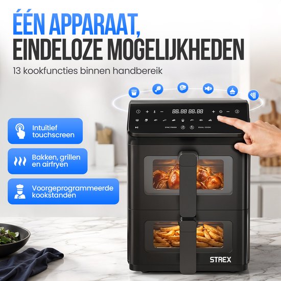 Strex Airfryer Dubbele Mand 11L XXL Heteluchtfriteuse 2500W - Airfryer 2 Manden - Dual Basket - 13 Kookprogramma's - Airfryer Verticaal Groot voor Gezin