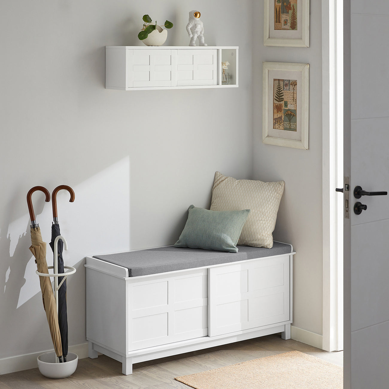 SoBuy Opbergbank met Zitkussen en Schuifdeuren – Schoenenkast voor Hal – Wit/Grijs – 114×40×53 cm
