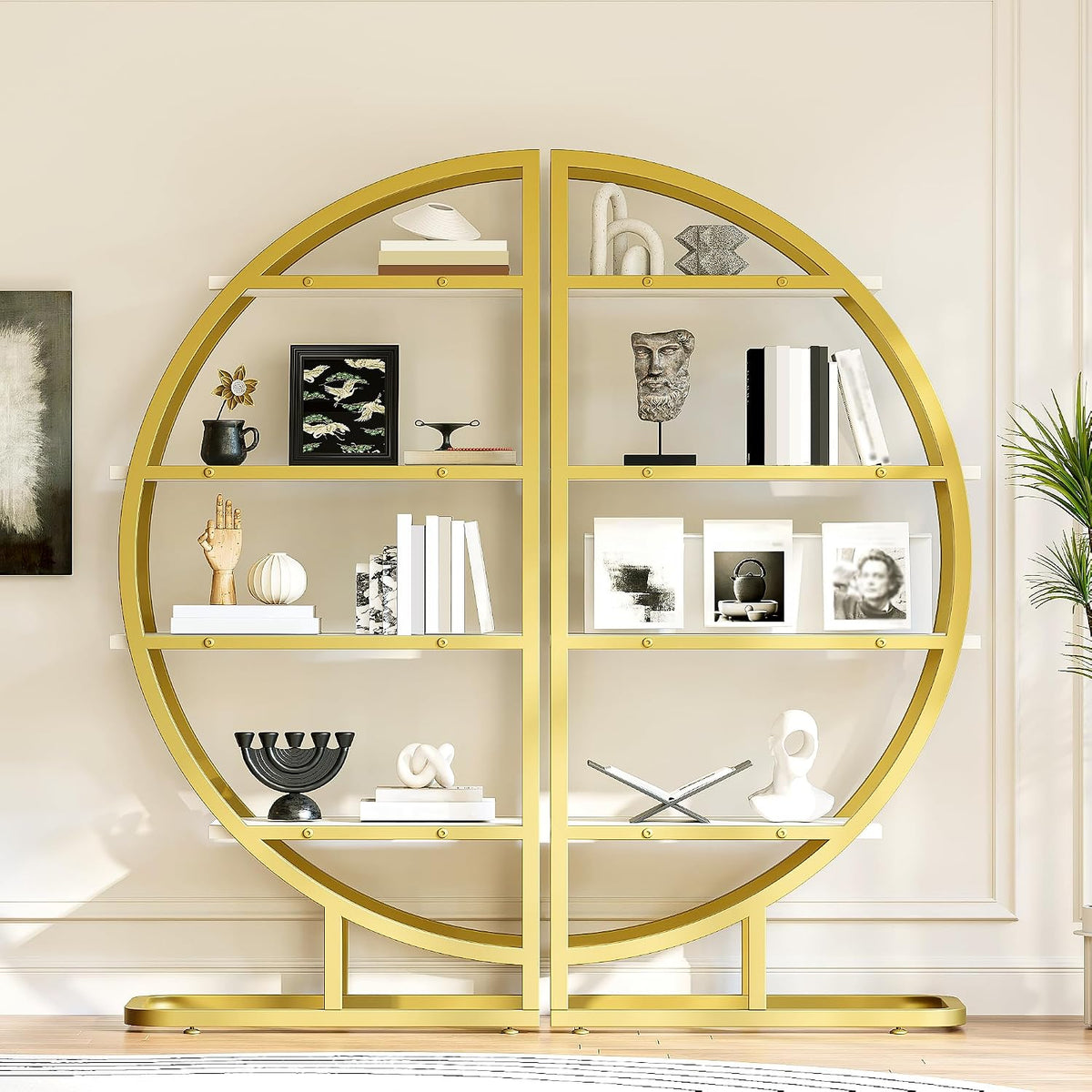 Ligterra Rond boekenrek - 2 halfronde modules - Goud metaal met witte planken - 120 x 30 x 130 cm