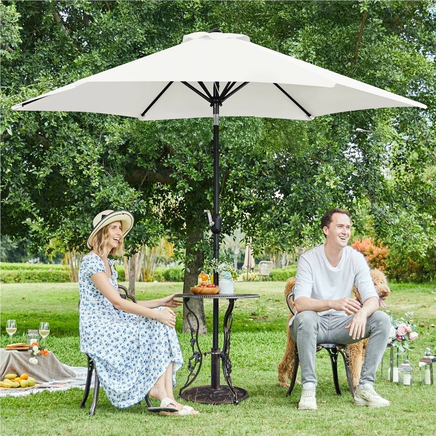 Yaheetech Parasol met Kruk en Kantelfunctie ø 269 cm - UV Werend UPF50+ - Cremewit