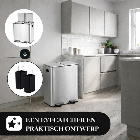 Bayt Prullenbak - Prullenbak 60 Liter (2x30) - Vuilnisbak 60 Liter - Pedaalemmer 60 Liter - Prullenbak Afvalscheiding - Prullenbak 2 Vakken - Afvalbak - RVS - Zilver