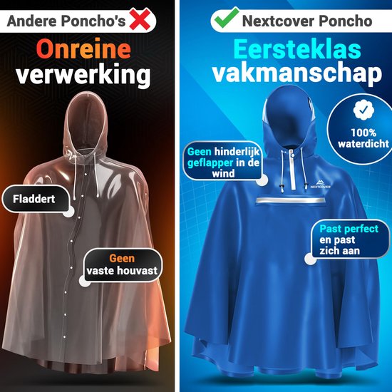 Nextcover Regenponcho Fiets voor Dames en Heren | Regencape met AquaShield 2.0 Technologie, Winddicht & Waterdicht | Ideaal voor Fietsen, Wandelen en Vissen | Fietsponcho Volwassenen Unisex Pasvorm | Poncho