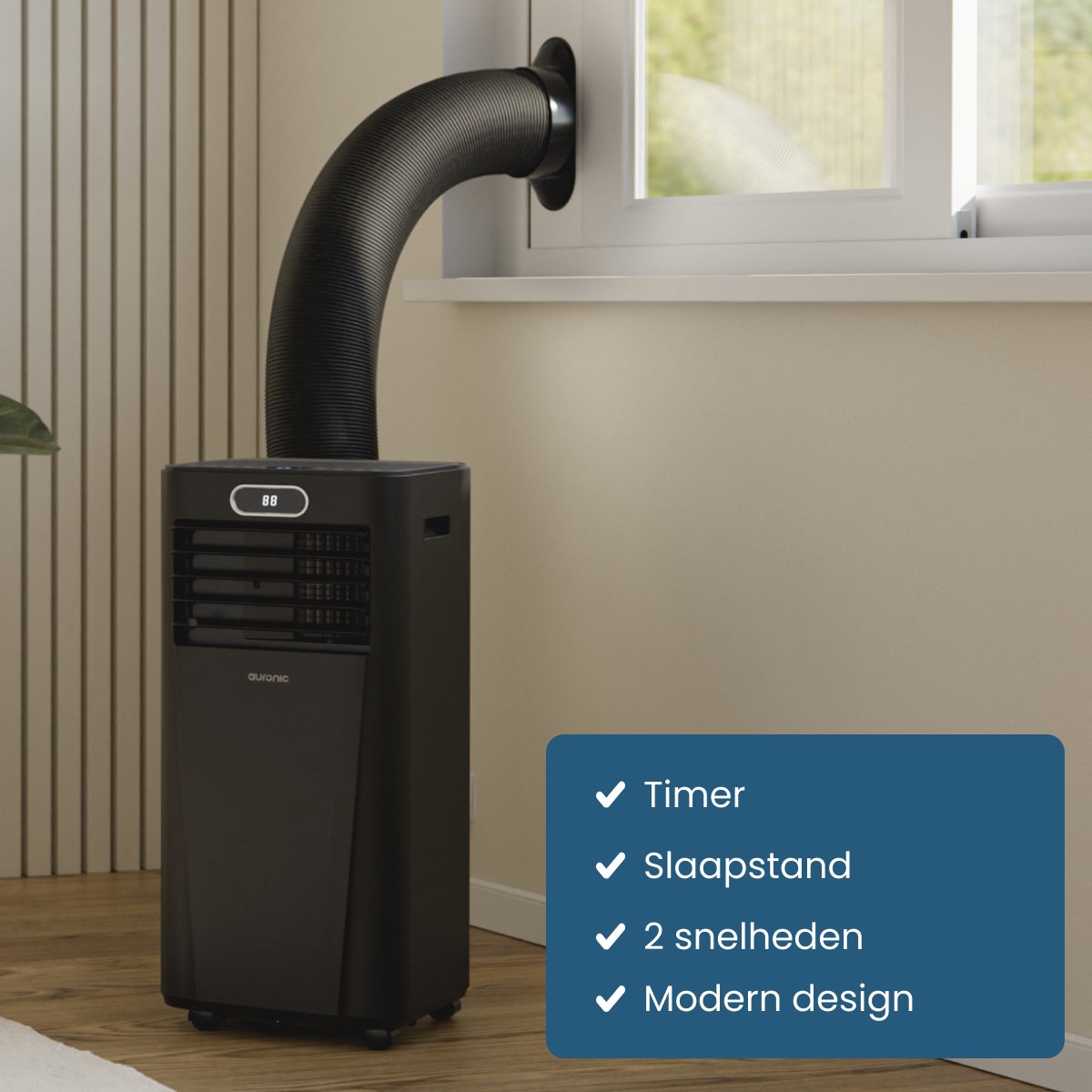Auronic Mobiele Airco Zwart- 7000 BTU - Tot 20 m² - 3-in-1 - Met Raamafdichtingskits