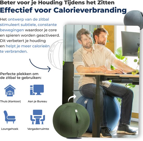 Backerz Zitbal 75 CM - Zitballen met Hoes Linnen - Ergonomische Bureaustoel Kantoor en Thuis - Luxe Yoga Bal - Olijf Groen