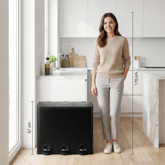 Bayt Prullenbak - Prullenbak 60 Liter - Vuilnisbak 60 liter - Pedaalemmer 60 Liter - Prullenbak 3 vakken - Prullenbak Afvalscheiding - 3x 20 liter - RVS - Zwart
