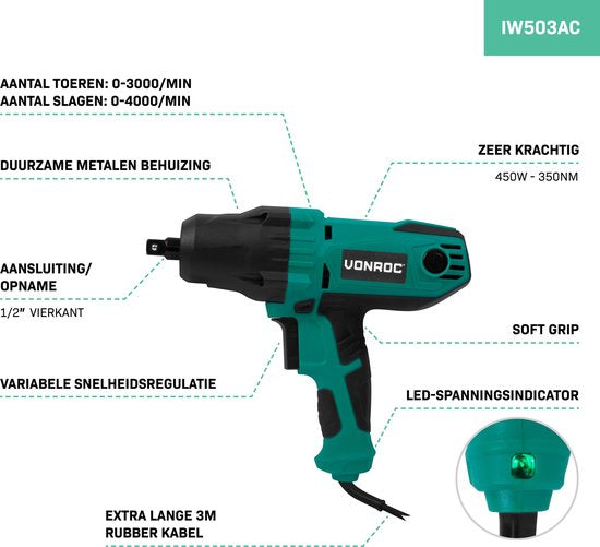 VONROC Slagmoersleutel 450W - 350Nm - 1/2” opname - Incl. 4 moerdoppen - 3m kabel - Soft Grip – geschikt voor banden verwisselen