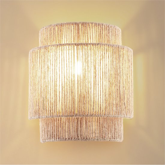 tectake® Wandlamp Lignea Lux - 40W - 12 x 23 x 25,5 cm - E14 - Muurlamp voor Woonkamer, Slaapkamer, Eetkamer - Jute Lamp in Boho Stijl - Trapverlichting - Halfrond