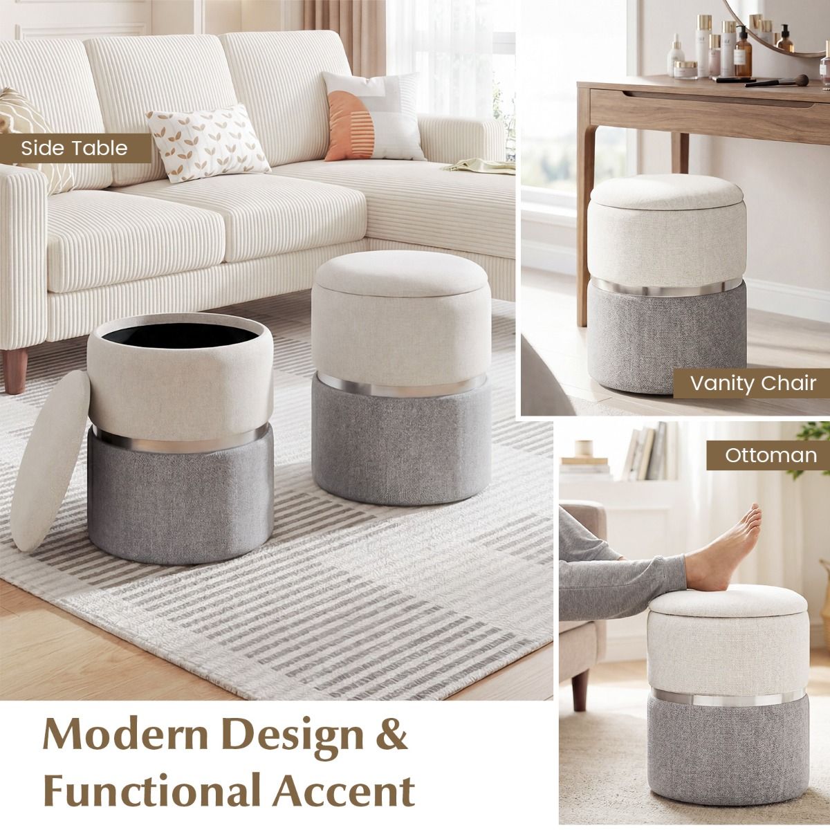 Coast Opbergpoefenset - set van 2 ronde poefs - linnen stof - zilveren accentring - beige en grijs