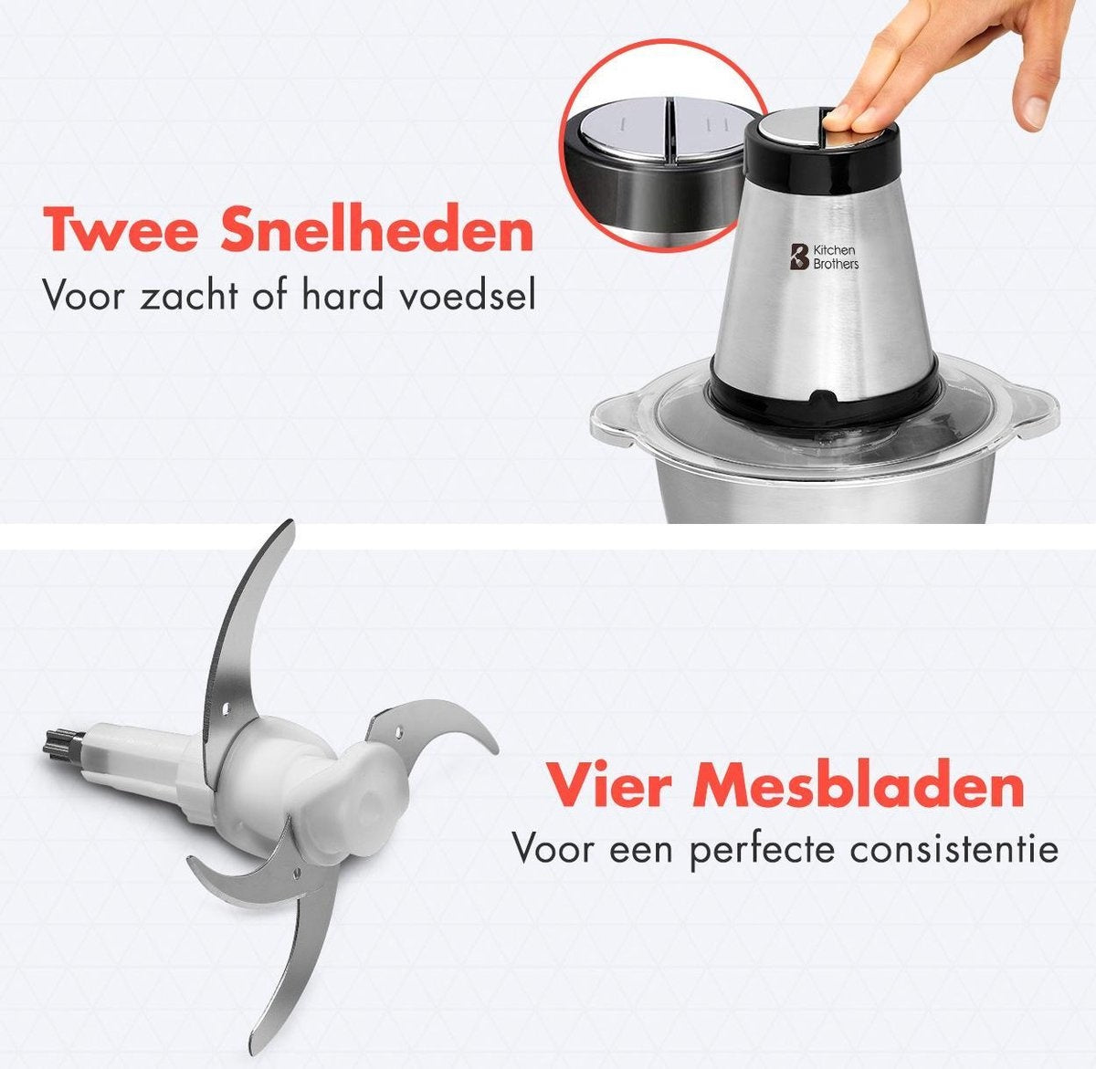 KitchenBrothers Hakmolen - Food Chopper - Elektrisch - 2 Snelheden - 300 W - 1,8 L - RVS Kom