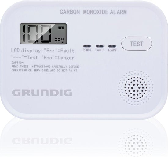 Grundig CO Melder - Koolmonoxidemelder 10 Jaar Batterij - Co Meter met LCD Scherm, Laag Batterij Niveau Alarm en Sensorfout Alarm - Co2 Melder 85dB Alarm - Wandmontage - Wit