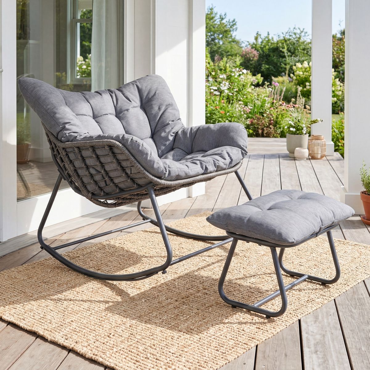 Coast Schommelstoel met voetenbank - ergonomisch ontwerp - PE-rattan en metalen frame - zwart/grijs/beige