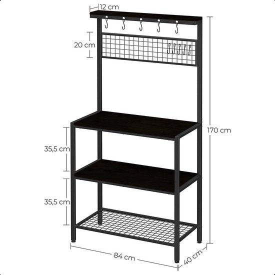 Goliving Keukenkast – Keukenrek Staand – Magnetronkast – Organizer – Metaal – Hout – 84 x 40 x 170 cm – Zwart