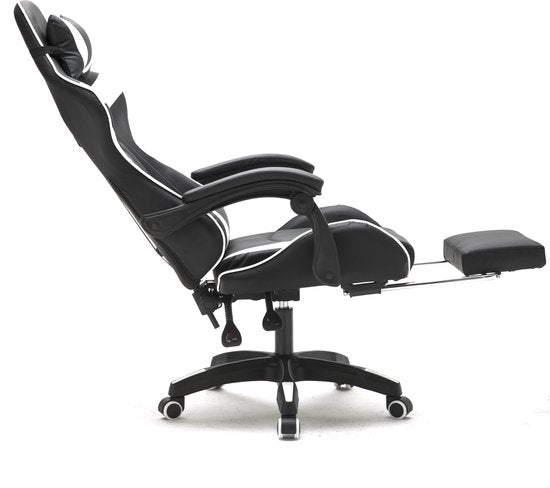 VDD Gamestoel - Uitschuifbaar - Max. 110kg - Incl. Nekkussen - 128 x 63 x 50cm - Zwart & Wit