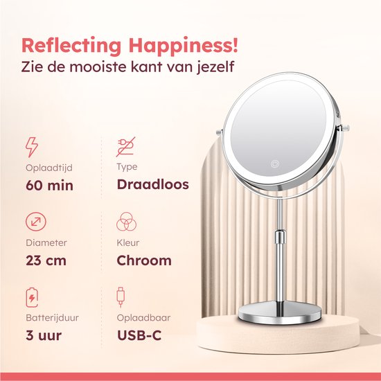 Fraay Make-up Spiegel met LED Verlichting Ø20 cm - 10x Vergroting - Oplaadbaar - Dubbelzijdig - Dimbaar - 3 Lichtstanden - Chroom