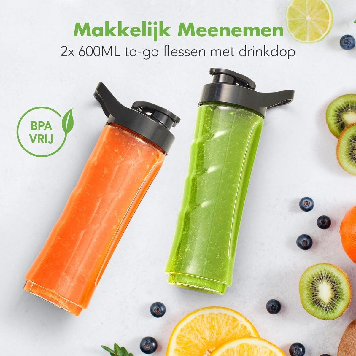 KitchenBrothers Mini Blender - Smoothie Maker - 2 To-Go Bekers - 350W - RVS