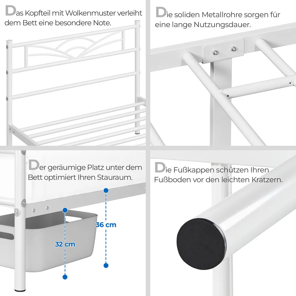Yaheetech Metalen Bedframe Wit – 90 x 200 cm – Wolkenpatroon Hoofdbord – 207,5 x 96,5 x 88,5 cm