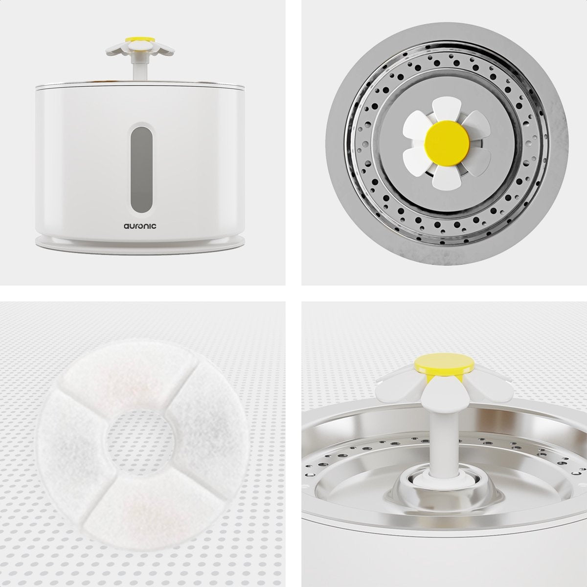 Auronic Drinkfontein - Waterfontein voor Katten en Honden - 2,4L - Dieren Drinkbak - Incl. 4 Filters en 2 Borstels - Wit