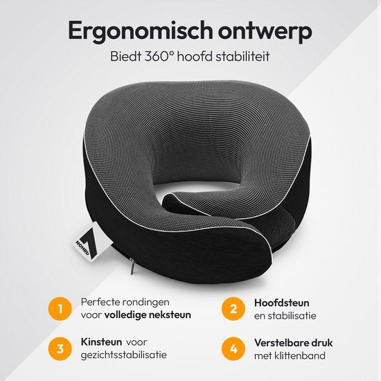 NOHRD Nekkussen Vliegtuig - Reiskussen - Zwart - Memory Foam - Incl. Oordopjes, Slaapmasker & Draagtas - Traagschuim - Neksteun