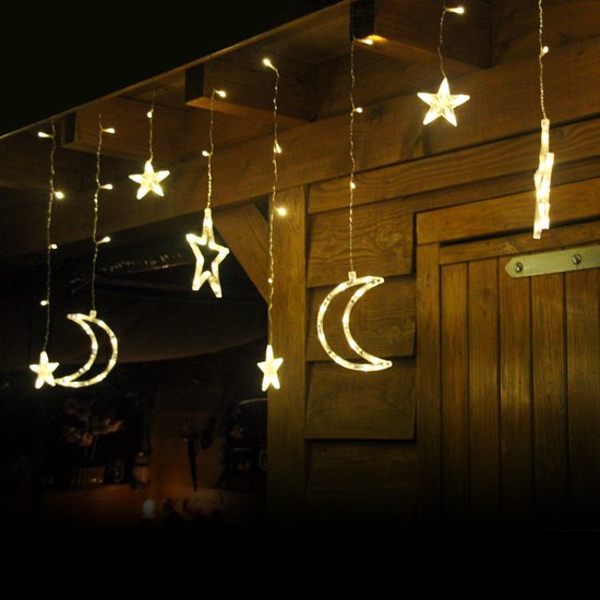 Giftmas Lichtgordijn – 120 LED Hangdecoratie – Warm Wit – Manen en Sterren – Kerst en Raamdecoratie – Voor Binnen en Buiten - Kerstversiering - 3.5M - Kerstverlichting