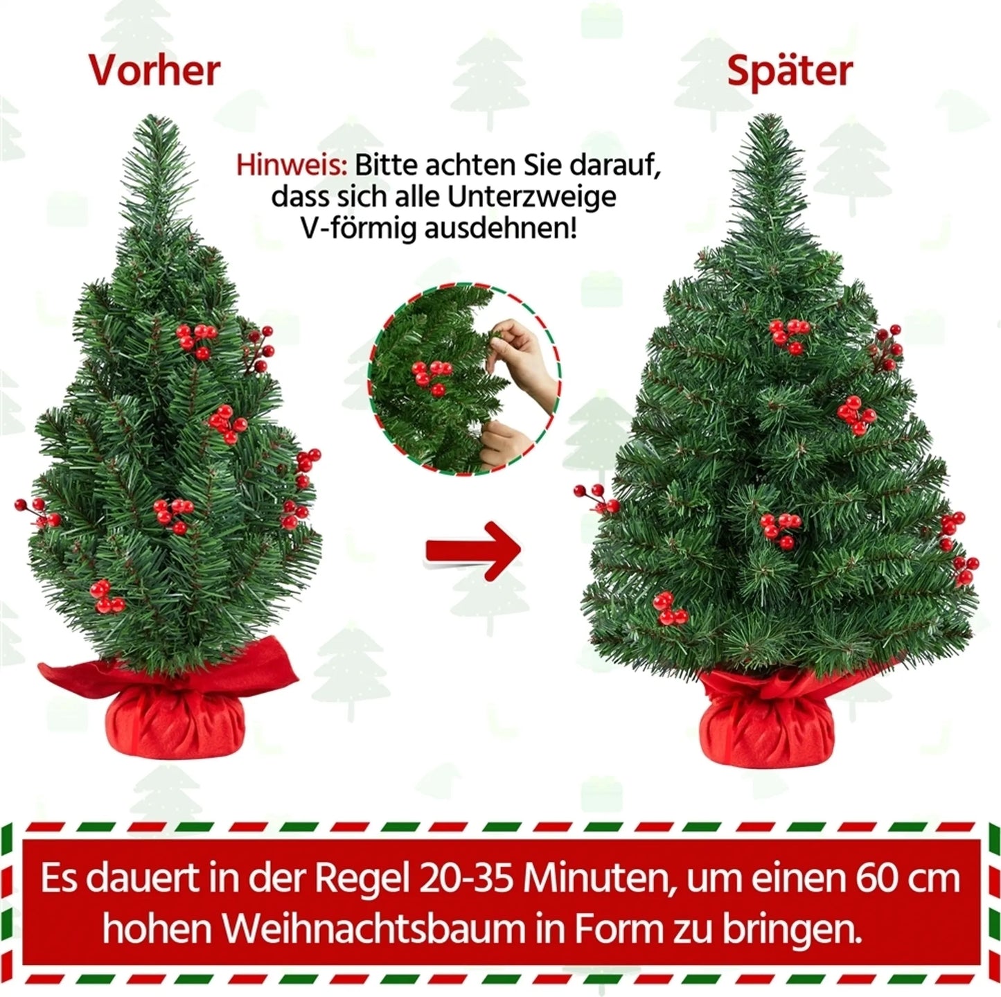 Yaheetech Tafelkerstboom Met Verlichting – 38 x 38 x 60 cm – Voorzien Van 35 LED-Lampjes En 40 Rode Bessen En Betonnen Voet Met Rode Doek – Voor Dressoir En Kantoor – Groen PVC En Beton
