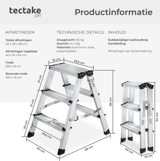 tectake® Dubbelzijdige Aluminium Keukentrap - 3 Treden - 58 cm - Stevige Trap Ladder - Opklapbaar Opstapje - Antislip Huishoudtrap