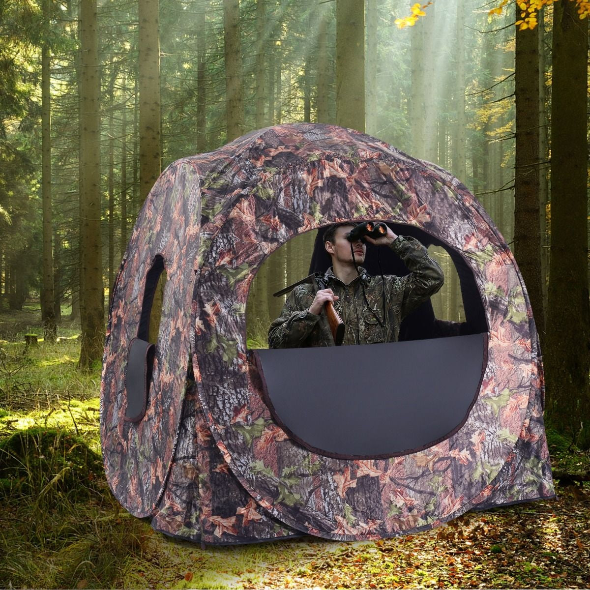 Coast Intrekbaar Jachthok voor 3 Personen Jachttent Stalen Frame Gaasramen Draagtas Spanbanden Grondpennen Camouflage 152 x 152 x 163cm