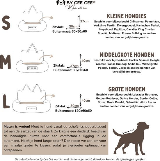 By Cee Cee Autostoel Hond Deluxe - Hondenmand Auto Met Veiligheidsriempje - Automand Hond - Hondenstoel - Autozitje - Beige - 120x60 - Maat L
