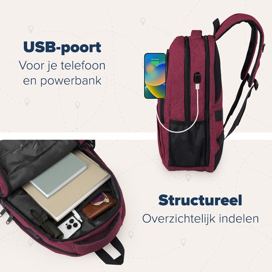 TRVLMORE Rugzak met Levenslange - Rugtas met 15,6 Inch Laptopvak - Schooltas - Spatwaterdicht - Heren en Dames - Jongens en Meisjes - 28L - Burgundy