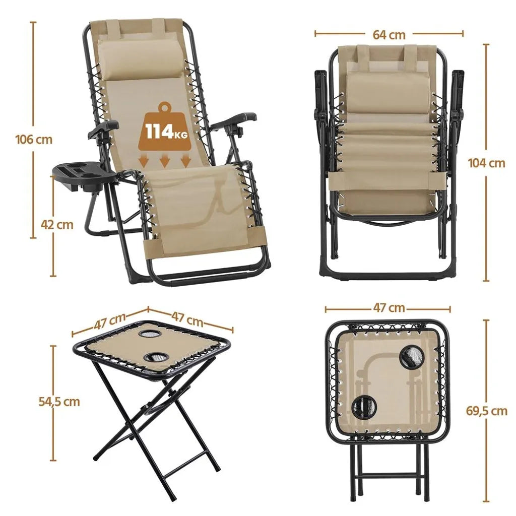 Yaheetech Set van 2 Ligstoelen met Bijzettafel - Beige - Opvouwbare Zero Gravity Tuinligstoelen met Hoofdkussen en Bekerhouders