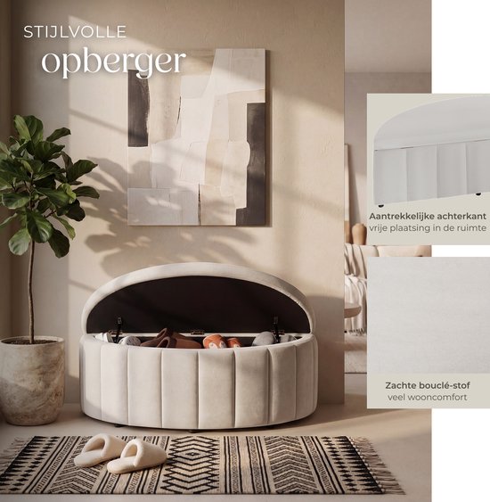 tectake® Gestoffeerde Bank Moon - Hocker met Opbergruimte - Groot Opbergvak - Halve Maan Vorm - Zitbankje - 108 x 48 x 38,5 cm - Draagkracht 150 kg - Fluweel Taupe