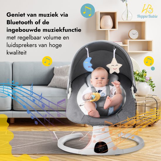 HeppieBabie Elektrische Wipstoel - Muziek en Swing Opties - 5 Punts Gordel - Babyschommel- Schommelstoel - Baby Swing - Met Ebook