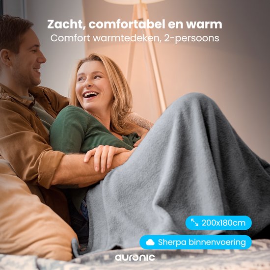 Auronic Elektrische Deken - Warmtedeken - Sherpa Fleece - 9 Hitte en Timerstanden - Bovendeken - 200x180 - 2 persoons - Grijs