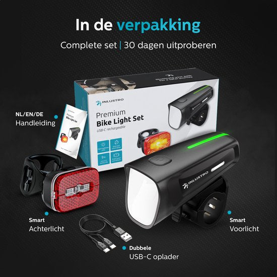 Inlustro Oplaadbaar LED Fietsverlichting Set - Met Verblindingsreductie en Remsensor - Racefiets / Wielrennen / MTB Fietslicht - Fietslamp Rood en Koplamp Wit - Voorlicht Achterlicht Fietslampjes - Waterdicht / USB-C