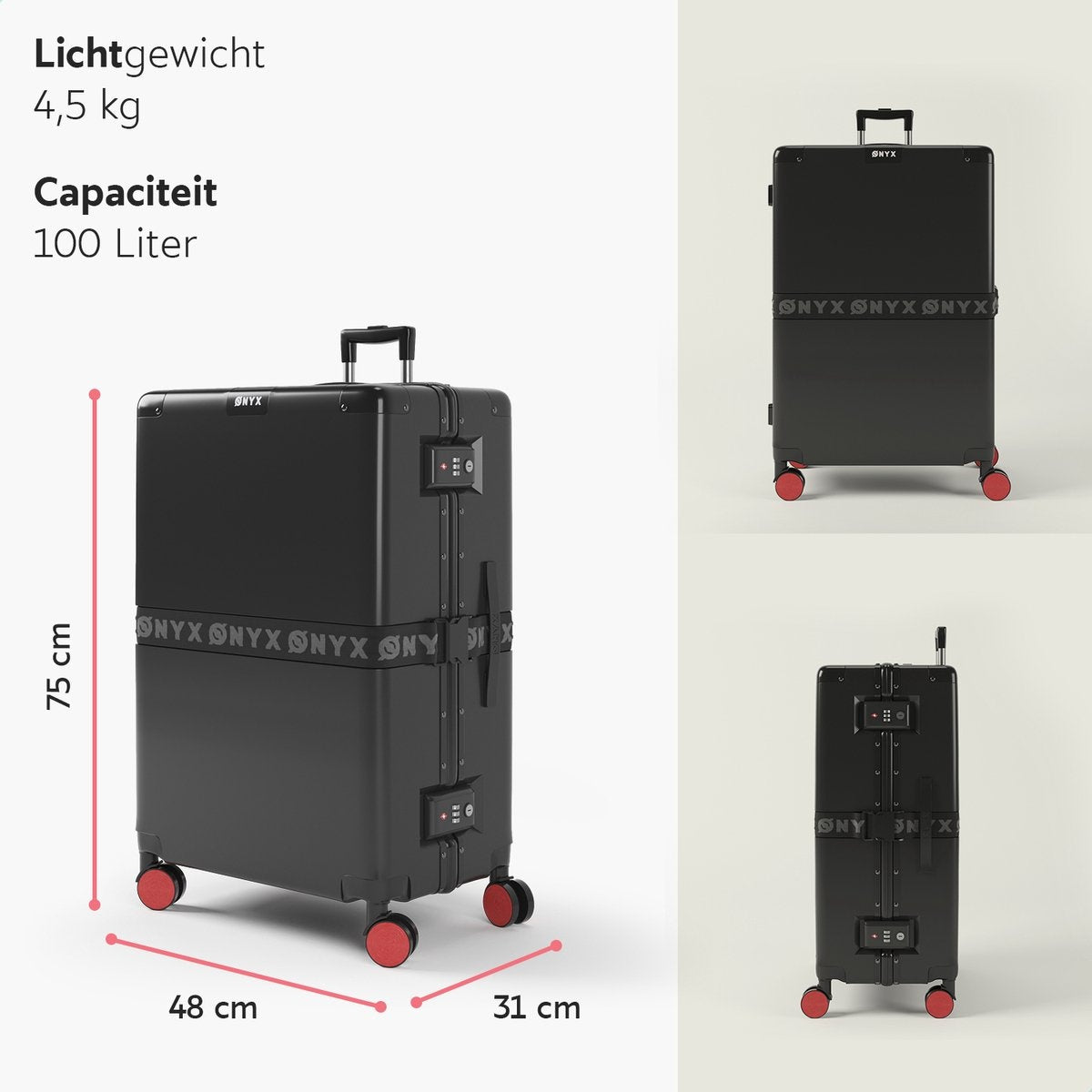 ONYX® - Check-in koffer 100L - TSA slot - Lichtgewicht trolley - Aluminium slot - Zwart